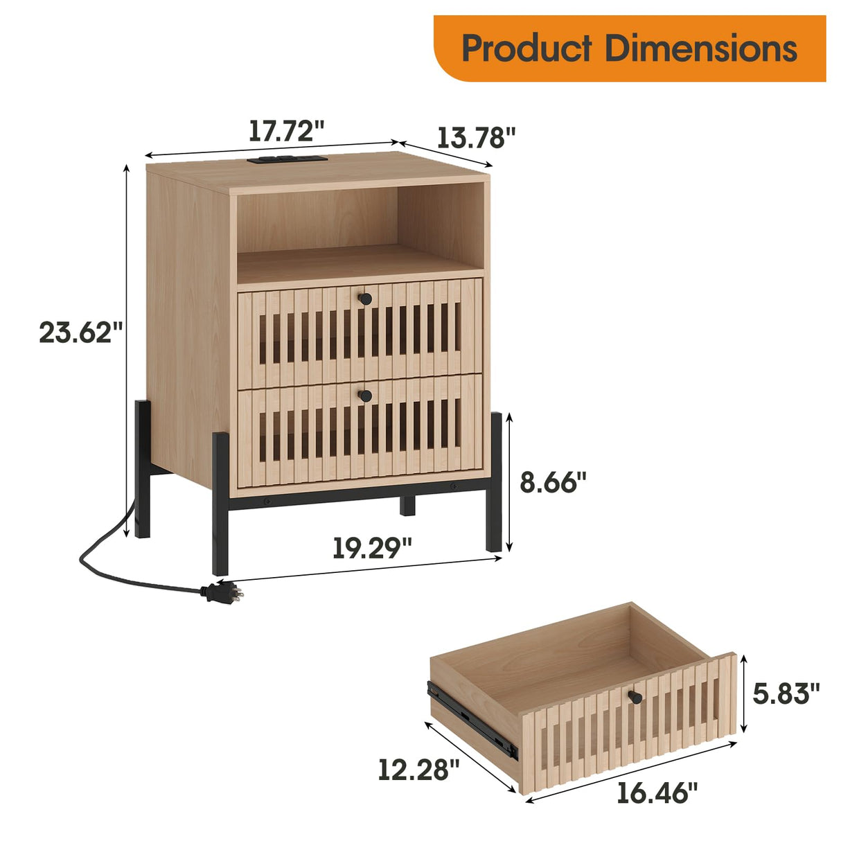 Vabches Fluted Nightstand with Charging Station and USB Ports, End Table with 2 Storage Drawers and Open Shelf, Sofa Side Table for Bedroom, Living Room, Set of 1 Vabches