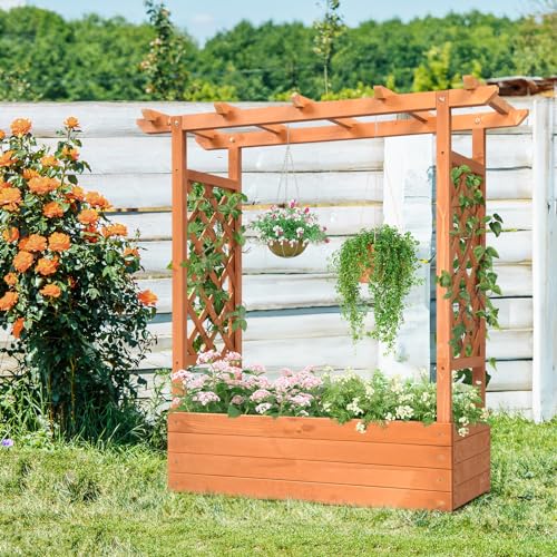 Outvita Raised Garden Bed with Trellis, Wood Planter Box with Hanging Roof, Side Trellis and Drainage Holes, Above Ground Elevated Garden Bed for Outdoor Climbing Plants Vegetables Flowers Herbs Outvita