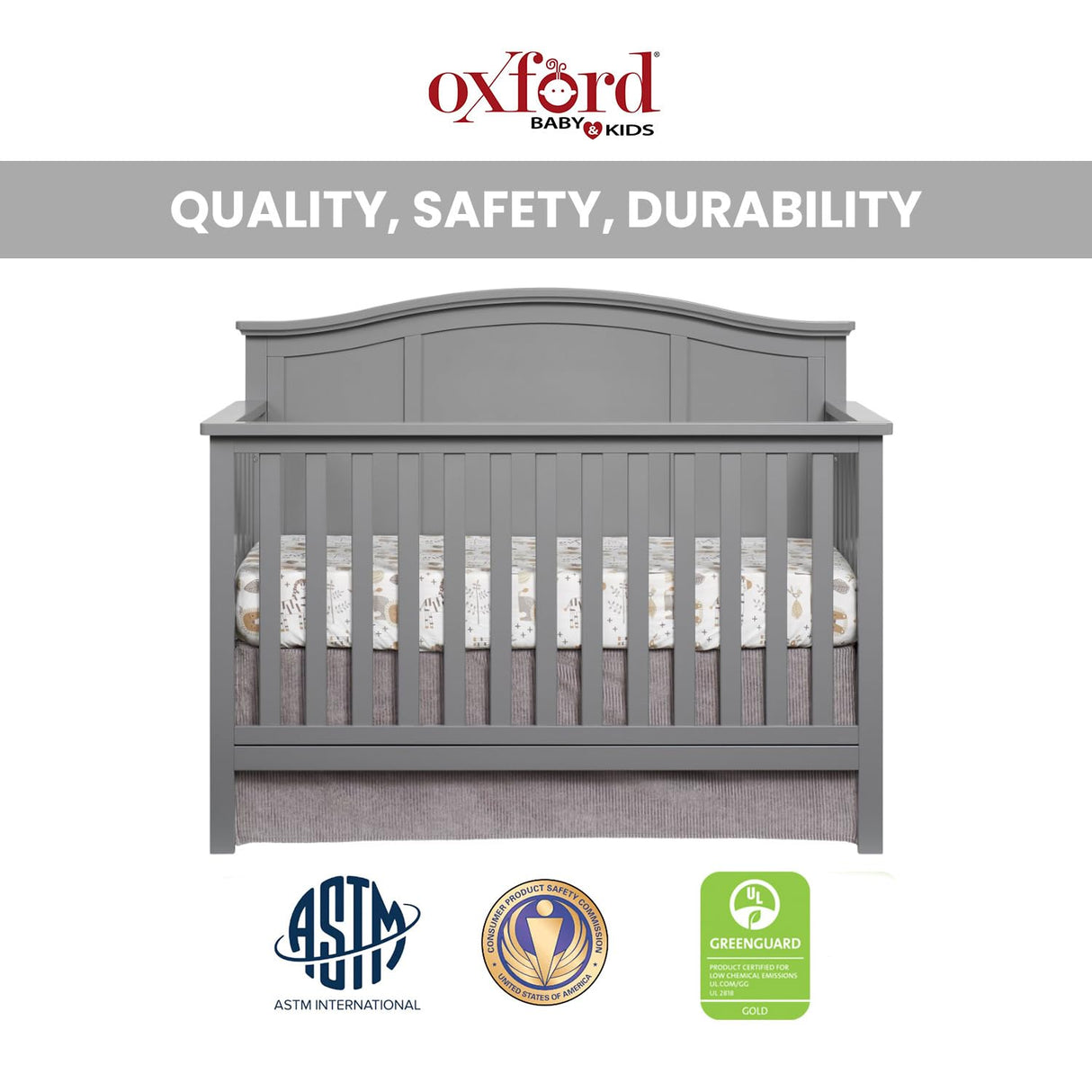 Oxford Baby Emerson 4-in-1 Convertible Baby Crib, Dove Gray, GreenGuard Gold Certified Oxford Baby