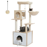 PETEPELA 56.7" Cat Tree with Litter Box Enclosure Large, Wood Cat Tower for Indoor Cats with Storage Cabinet and Cozy Cat Condo, Sisal Covered Scratching Post and Repalcable Dangling Balls, Beige PETEPELA