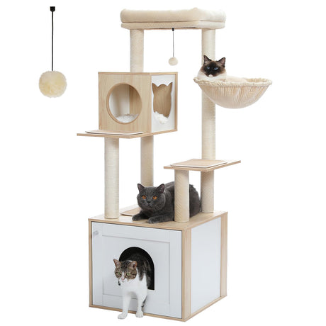 PETEPELA 56.7" Cat Tree with Litter Box Enclosure Large, Wood Cat Tower for Indoor Cats with Storage Cabinet and Cozy Cat Condo, Sisal Covered Scratching Post and Repalcable Dangling Balls, Beige PETEPELA