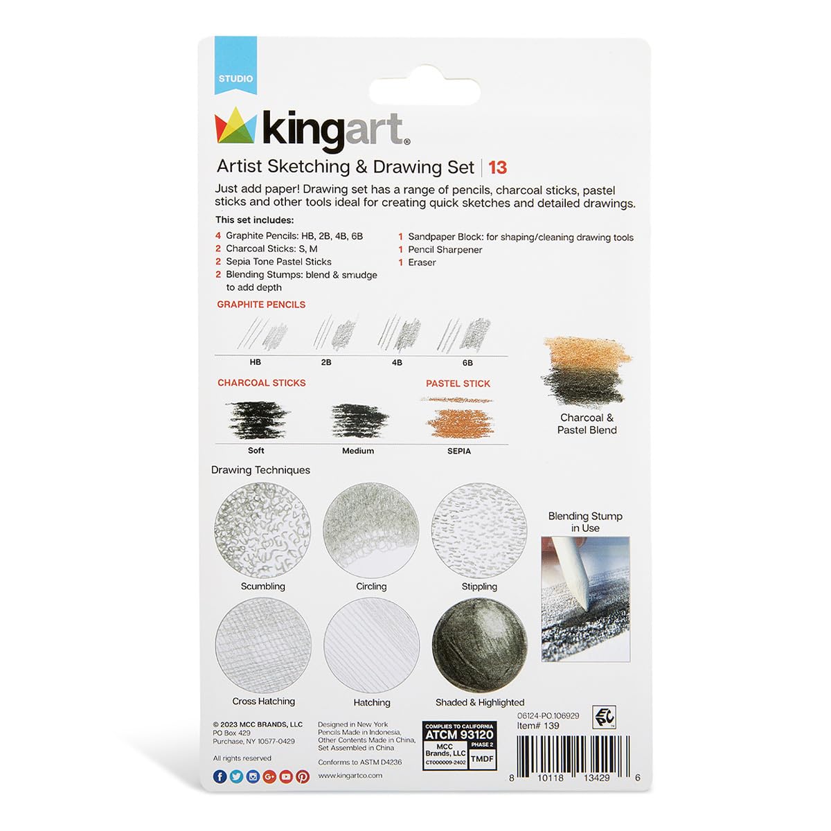 KINGART 13-Piece Sketching & Drawing Set – Complete Artist Kit with Graphite, Charcoal & Pastel Pencils, Blending Tools & Eraser in Portable Case – Art Supplies for Beginners & Professional Artists KINGART