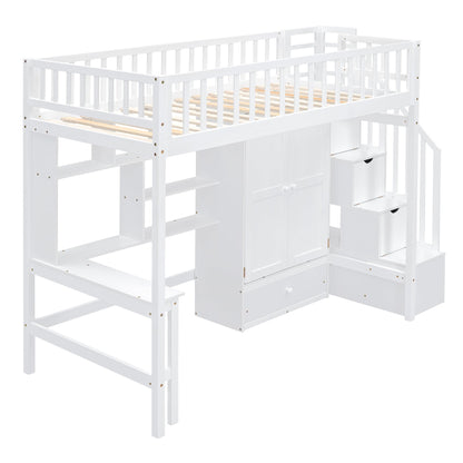 DRELOFT Twin Loft Bed with Desk, Stairs, Shelves, and Wardrobe in White - WoodArtSupply