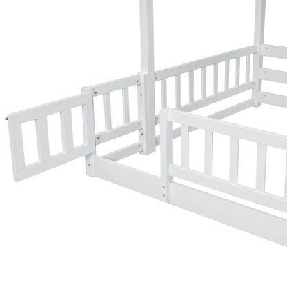 Twin Over Full Bunk Bed with Slide, Solid Wood Bunk Bed Frame with Storage Staircase and Safety Guardrails for Teens Adults,Low Loft Bed with Door Fence, Space Saving,No Box Spring Required, White