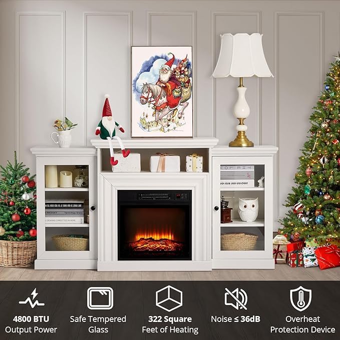 White Farmhouse Fireplace TV Stand with 3-D Real Flame Electric Fireplace for 65/75 inch TV, 31" Tall Highboy Entertainment Center, TV Console with 2 Glass Doors & Open Shelf for Living Room