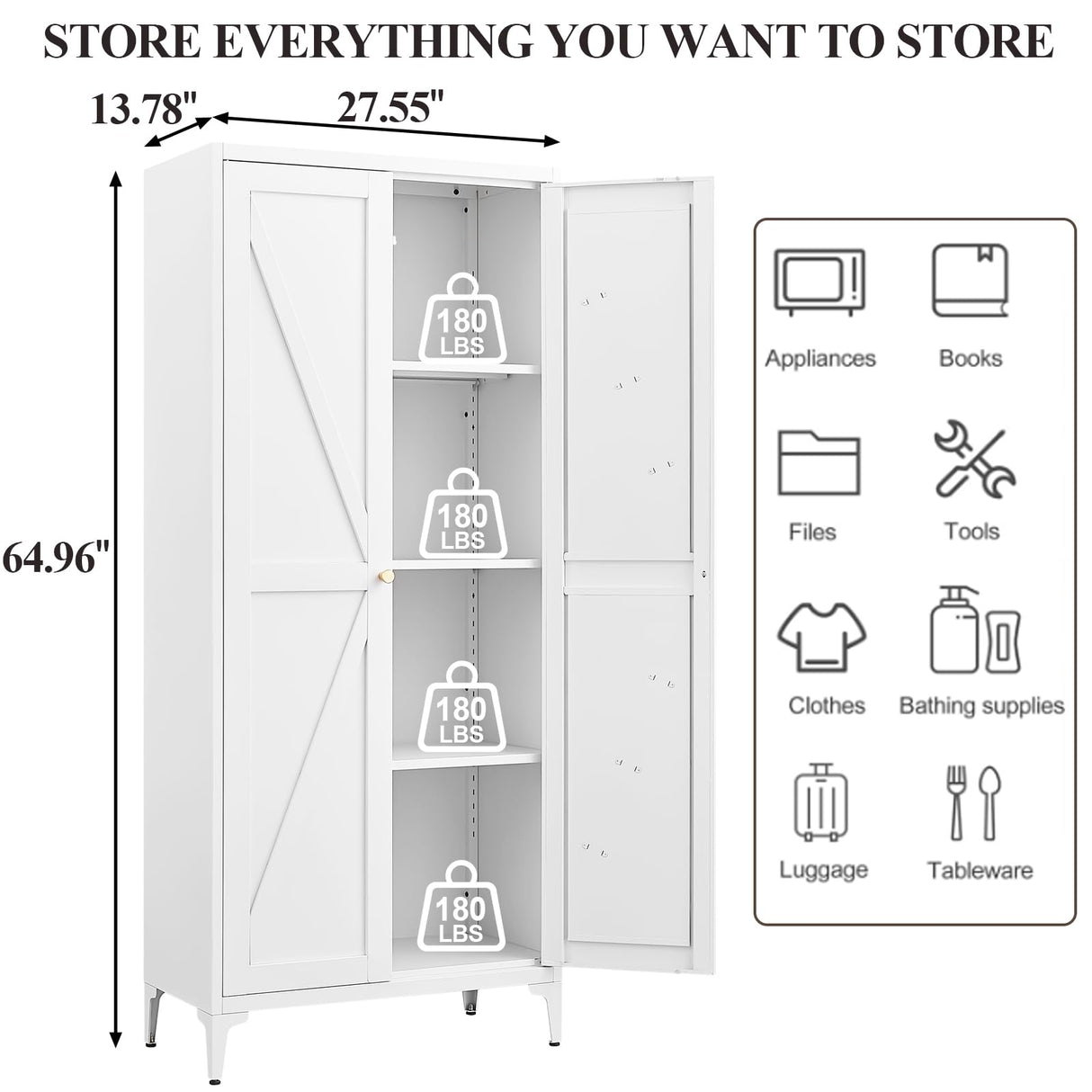 FATIGOS Metal Pantry Storage Cabinet, Kitchen Pantry Cabinets with 2 Doors and Adjustable Shelves, 65" White Metal Pantry Cabinet, Steel Locker for Kitchen, Living Room, Dining Room FATIGOS