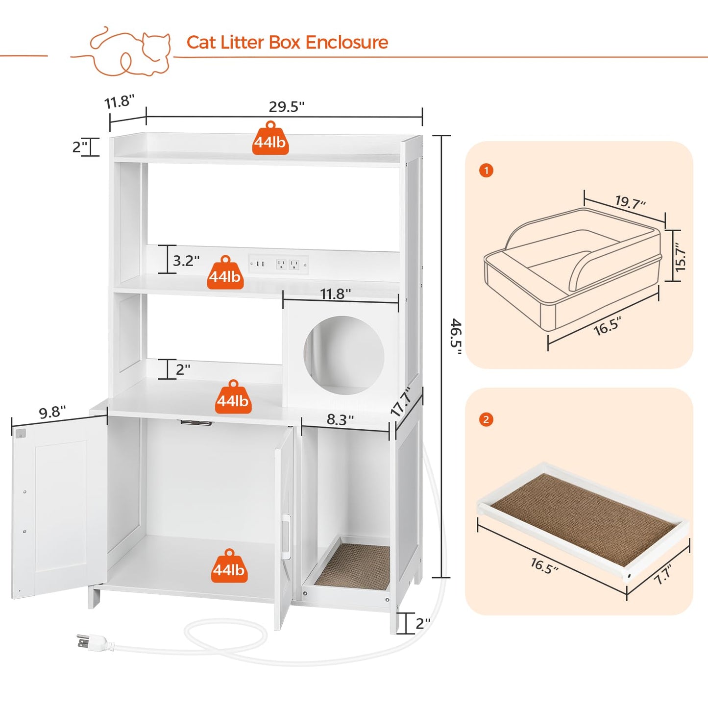 MAHANCRIS Cat Litter Box Enclosure with 2 Storage Shelves, 46.5" H Hidden Cat Litter Box Furniture with Charging Station, Wooden Cat Washroom Cabinet with Scratch, Indoor Cat House, White CWWT89E01N1