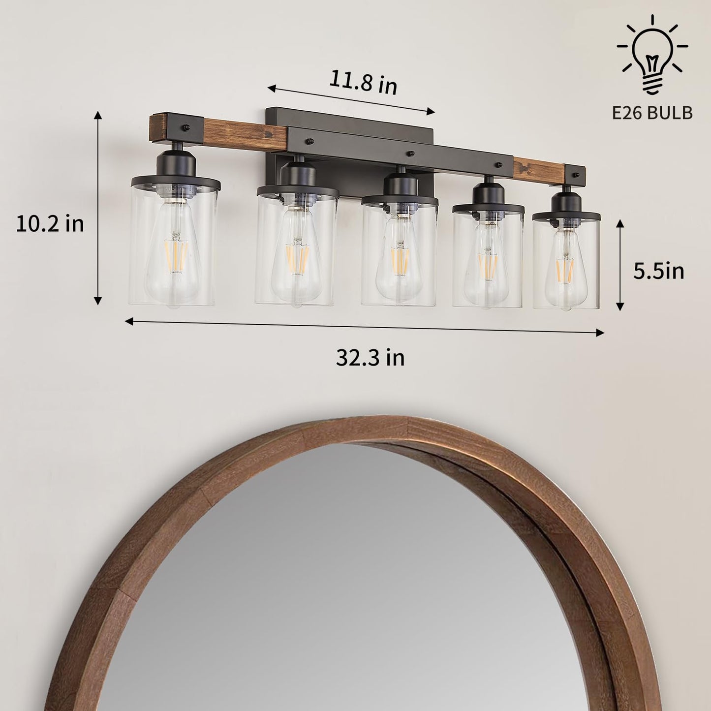 Feohak 5-Light Bathroom Vanity Light Fixtures, Farmhouse Vanity Lights for Bathroom, Rustic Industrial Vintage Black Wood Wall Sconce Over Mirror with Clear Glass Shade - WoodArtSupply