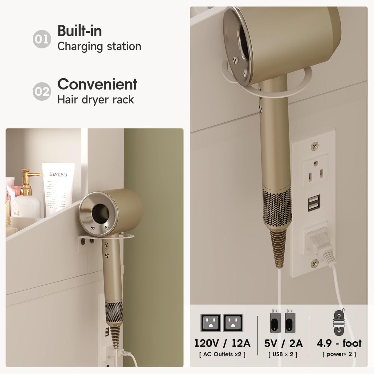 Vabches Vanity with Round Mirror and Lights,39 Inch Makeup Vanity Table with 3 Storage Compartments&Drawers,White Vanity with Glass Door Cabinet&Power Strip,Dressing Table for Bedroom Vabches