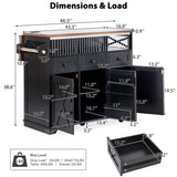 46.5'' Farmhouse Kitchen Island with Drape of Beads, Power Outlet, Rolling Kitchen Cart on Wheels with Drop Leaf, 3 Doors , 3 Drawers and Internal Iron Shelf, for Kitchen, Dining Room, Black HomeGearTech