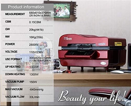 Heat Press Machine，3D Sublimation Vacuum Machine, Sublimation/Heat Press Machine,Mug/T Shirt/Cell Phone Case Printer,Cup/Digital Printing Machine (Color : Red, Size : US) CHIPEL