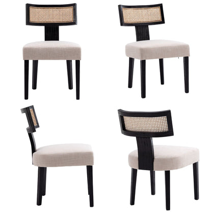 HNY Mid Century Modern Rattan Dining Chairs Set of 6, Farmhouse Linen Upholstered Accent Chair Curved Backrest Kitchen Chairs, with Black Hardwood Frame, Beige