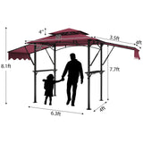 5 * 8FT Outdoor BBQ Grill Patio Canopy with Extra Shadow&Dual Side Awnings, Double Tiered BBQ Gazebo with 2 Side Shelves, Heavy-Duty Steel Frame, LED Light,fit for Barbecue and Picnic (Claret) Knowfunn