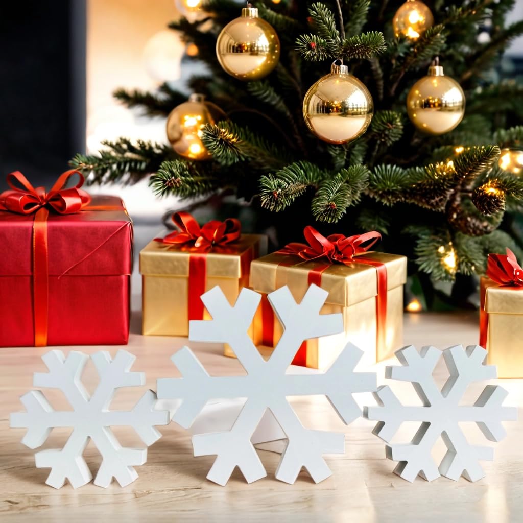 3pc Wood Snowflakes Christmas Decorations, Standing White Wooden Snowflakes Ornaments Winter Wonderland Decor, WellPainted Christmas Table Decor,Sturdy Large Snowflake Decor for Home Kitchen Fireplace AbologyMera