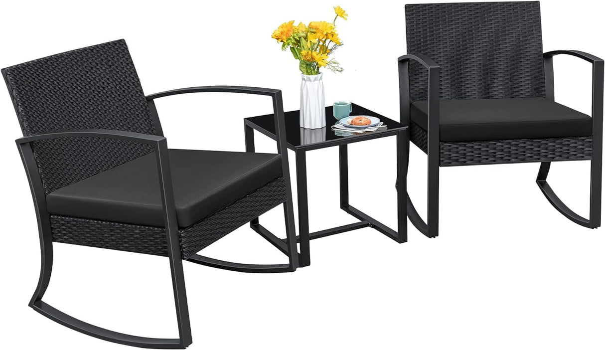 Homall Patio Furniture Set 3 Piece Resin Outdoor Bistro Set Rocking Patio Chairs with Cushions and Table for Porch, Poolside, Balcony and Yard (Black) Homall