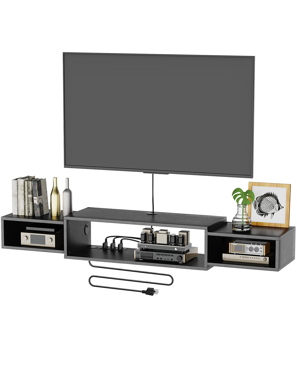 Vicodabo 55" Wall Mounted TV Cabinet with Power Outlet, Floating Wood Media Console for Audio, Video, Game Console, Modern Entertainment Center for Living Room & Bedroom, Black Vicodabo