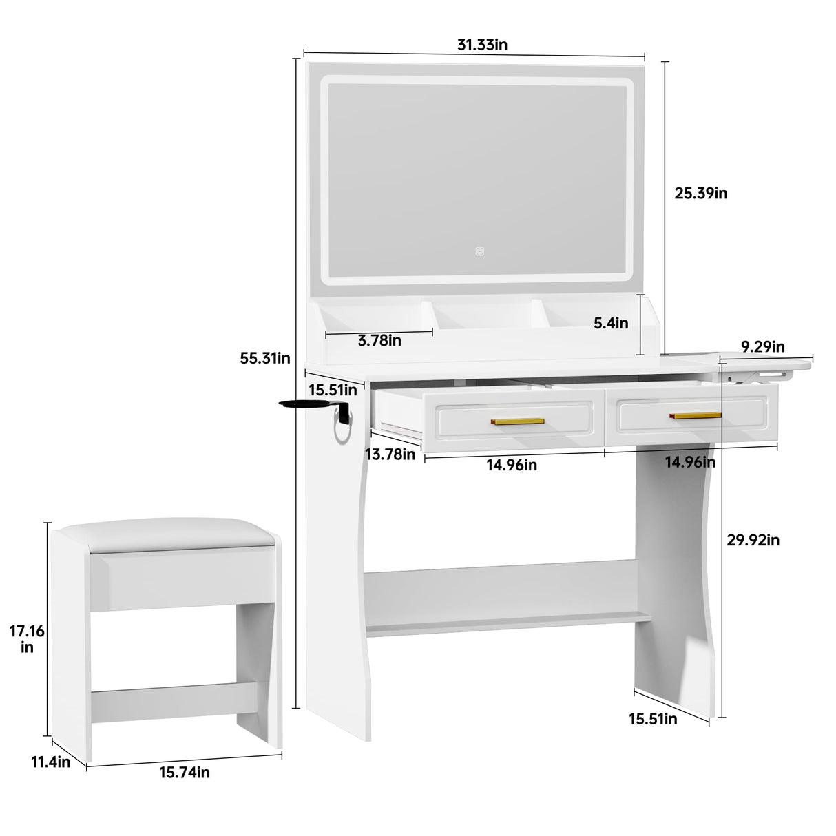 Homesflex Modern White Makeup Vanity Desk with Adjustable Lights, Mirror, and Storage - Complete Vanity Set with Drawers, Shelves, and Stool Homesflex