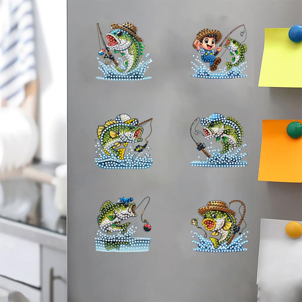 6Pcs Diamond Art Painting Kits, Fishing Diamond Fridge Magnet for Adults 5D Rhinestones Refrigerator Magnetic Stickers for Fridge DIY Crafts Gifts Generic