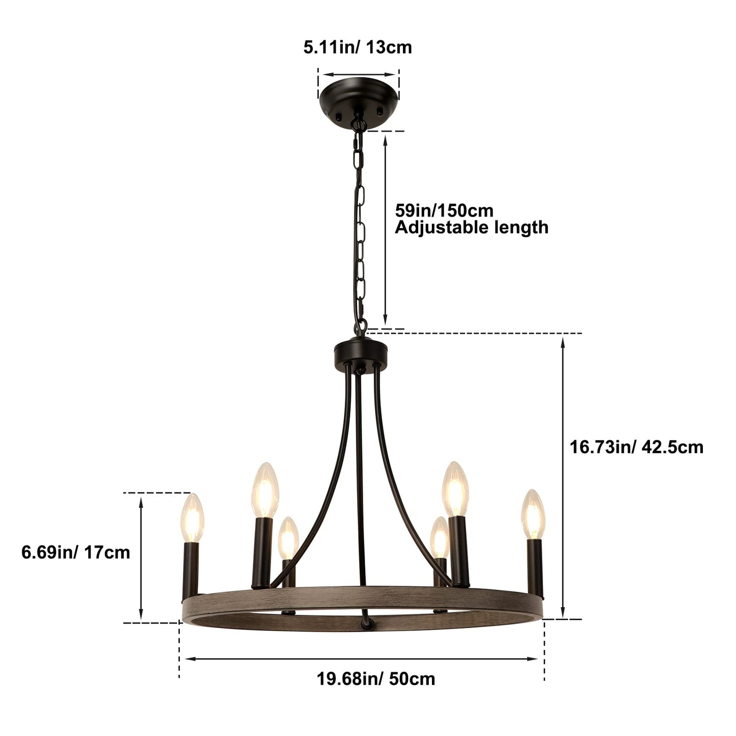 WBinDX Wagon Wheel Chandelier, 6-Light Modern Farmhouse Chandeliers for Dining Room, 19.68 Inch Black Faux Wood Metal Round Chandeliers for Entryway Kitchen Table Living Room Foyer