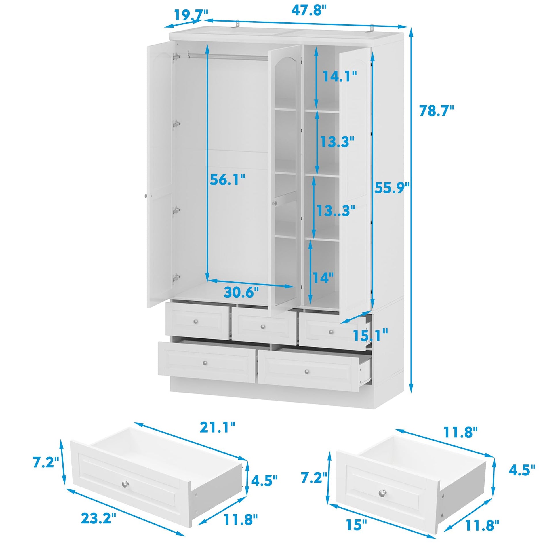 Homsee 3 Doors Armoire Wardrobe Closet with Mirror, Hanging Rod& 5 Drawers, Bedroom Armoires Cabinet with 4 Tier Adjustable Shelves, White (47.8”W x 19.7”D x 78.7”H) - WoodArtSupply