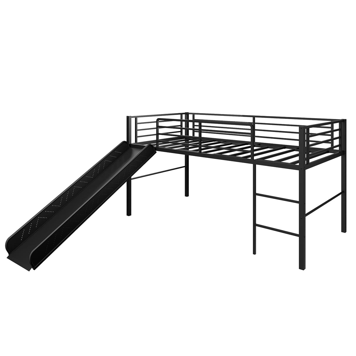 Giantex Twin Loft Bed with Slide, Metal Low Bunk Bed w/Safety Guardrails & Built-in Ladder, Toddler Bed Floor Frame for Boys & Girls, No Box Spring Needed (Black) Giantex