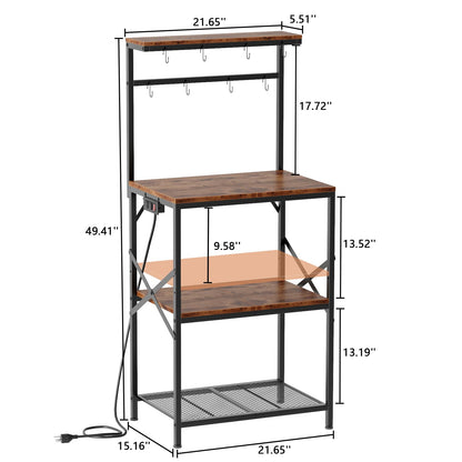 Kitchen Bakers Rack with Power Outlet, Small Microwave Stand with Adjustable Storage Shelves, Coffee Bar Table with 8 Hooks, 4 Tiers Kitchen Coffee Stand Station for Small Space, Rustic Brown