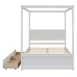 Full Size Canopy Bed with 2 Storage Drawers, 4-Post Wood Full Platform Bed Frame with Headboard, No Box Spring Needed (Full, Brushed White) Bellemave