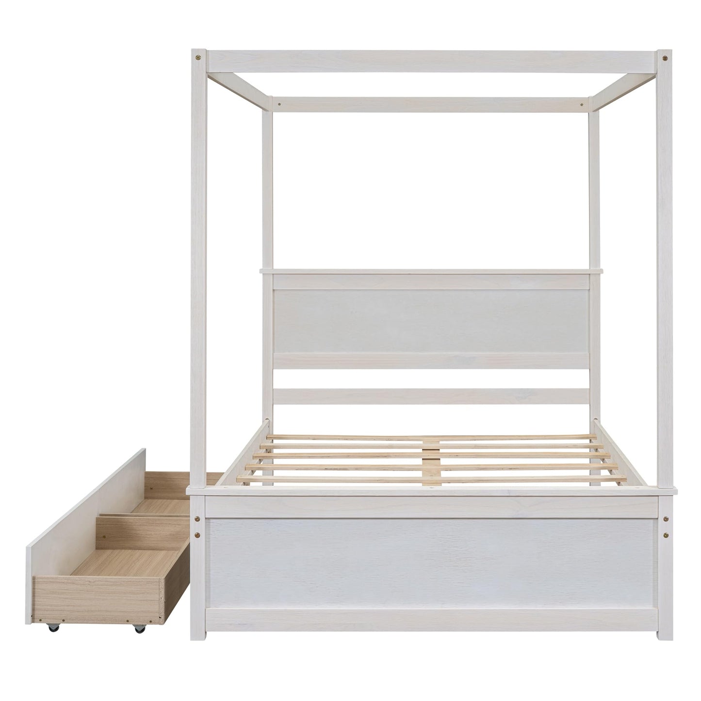 Quarte Canopy Bed, Full Size Canopy Platform Bed with Two Storage Drawers, Wood Bed Frame with Support Slats, Bedroom Furniture for Kids Teens Adults (Brushed White3)