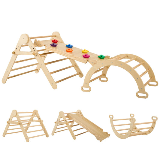 FUNLIO Foldable Pikler Triangle Set, Montessori Climbing Set with Solid Wood for Toddlers 2-5 yrs, Adjustable 5-in-1 Indoor Play Gym with Arch/Slide/Climbing Rock/Triangle, Easy to Install-Medium Size