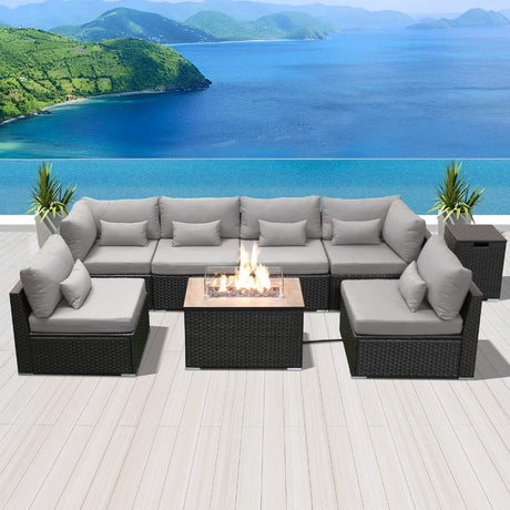 Dineli Sectional Sofa with Gas/Propane Fire Pit Table Outdoor Patio Furniture Sets (Light Gray-Rectangular Table) Dineli