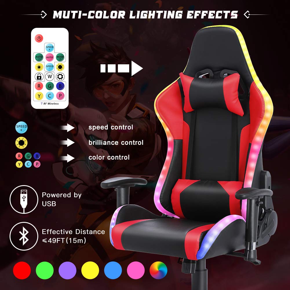 Gaming Chair with Bluetooth Speakers RGB LED Lights, Music Video Game Chair, Ergonomic PU Leather High Back Computer Chair, Adjustable Reclining Racing Office Swivel Chair for Adult Teens (Red) YOUTHUP
