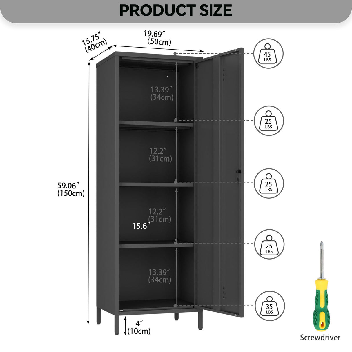 MIOCASA Metal Storage Locker Steel File Cabinet with 3 Shelves 59.06-inch high for School, Bedroom, Home Office, Gym and Changing Room MIOCASA