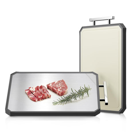 SNOWCLAD Stainless Steel Cutting Board,Double Sided Steel Cutting Board for kitchen,Stainless Steel/Wheat straw pp Large Cutting Board for meat,Dishwasher Safe,non toxic Chopping Board,16 * 11 Inch KLAPOLA