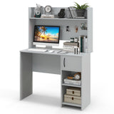 Tangkula Computer Desk with Hutch, Home Office Desk with Raised Display Shelf & 2 Open Shelves, Cabinet with Door, Cable Management Holes, Modern Laptop PC Desk, Study Writing Desk for Bedroom (Gray) Tangkula