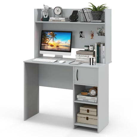 Tangkula Computer Desk with Hutch, Home Office Desk with Raised Display Shelf & 2 Open Shelves, Cabinet with Door, Cable Management Holes, Modern Laptop PC Desk, Study Writing Desk for Bedroom (Gray) Tangkula