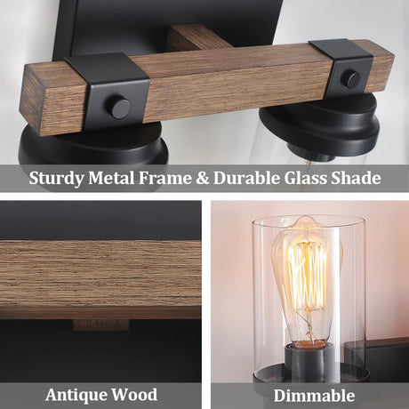 Farmhouse Wood Vanity Light, 2-Lights Bathroom Vanity Light, Rustic Black Bathroom Lighting Fixtures Over Mirror, Vintage Industrial Wall Sconces with Durable Glass Shade ZSMIHDOH