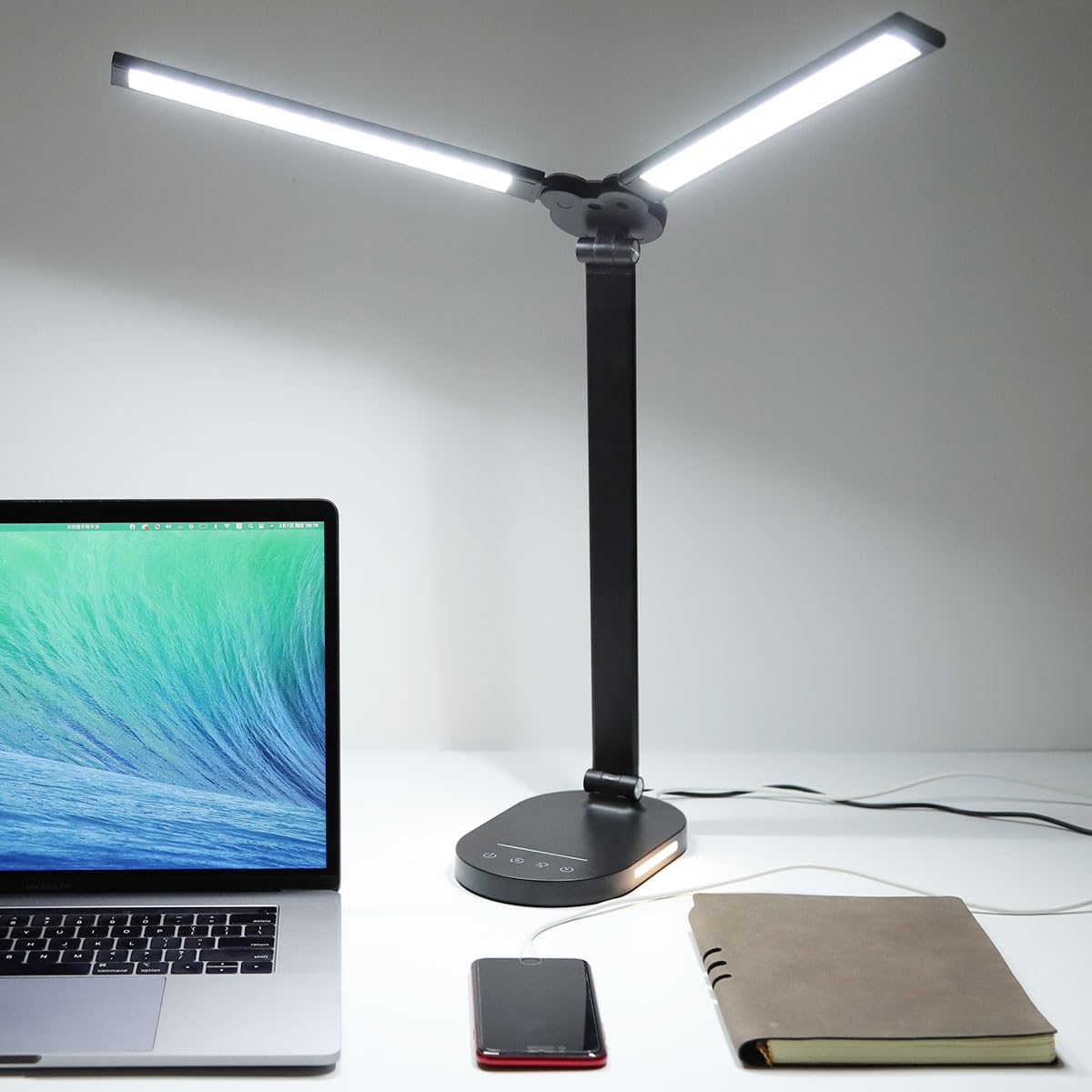 LED Desk Lamps for Home Office, 14W Double Swing Arm LED Desk Lamp with USB Charging Port, Eye-Caring Architect Task Lamp, Desktop Lamp with Night Light Table Light for Work Study Craft with Adapter hukunos