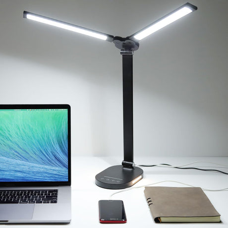 LED Desk Lamps for Home Office, 14W Double Swing Arm LED Desk Lamp with USB Charging Port, Eye-Caring Architect Task Lamp, Desktop Lamp with Night Light Table Light for Work Study Craft with Adapter hukunos