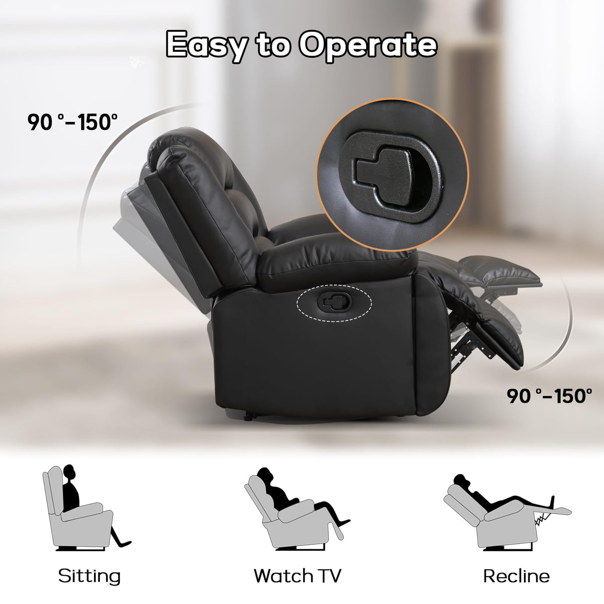 EBELLO Faux Leather Manual Recliner Chair, Single Reclining Sofa Chair Couch with 2 Concealed Cup Holders, Overstuffed Armrest Backrest for Living Room, Bedroom, Meeting Room, Black EBELLO