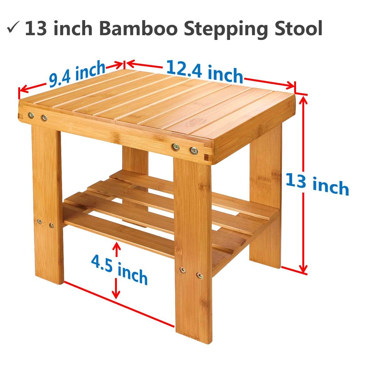 ASelected Bamboo Shower Stool Small 13 Inch Wood Shower Bench Waterproof Wooden Foot Stool with Storage Shelf for Small Spaces Bathroom Bedside Inside Shower Entryway Shoe Spa Bench ASelected