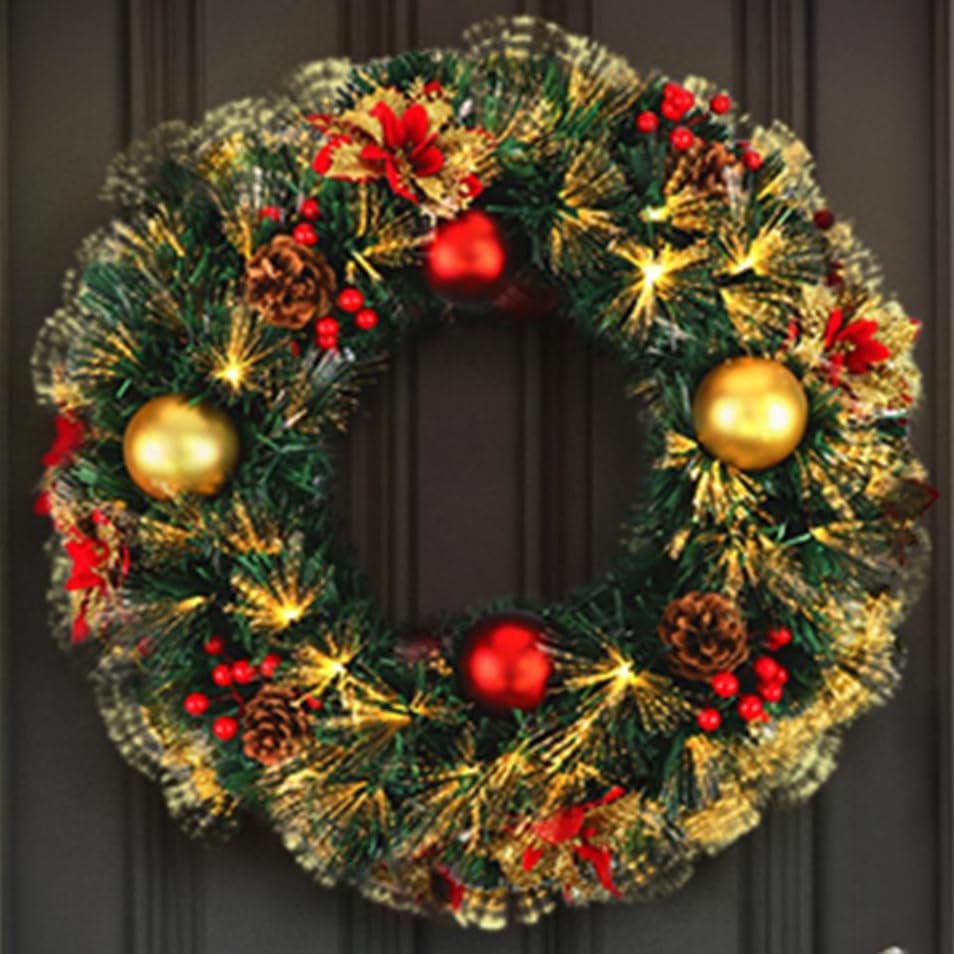 Pre-lit Christmas Wreath 24" Extra Large Christmas Wreath Artificial Deluxe Lighted Plug in Christmas Decorations Ornament with Lights Door Window Fireplace Decor 10ft Cable