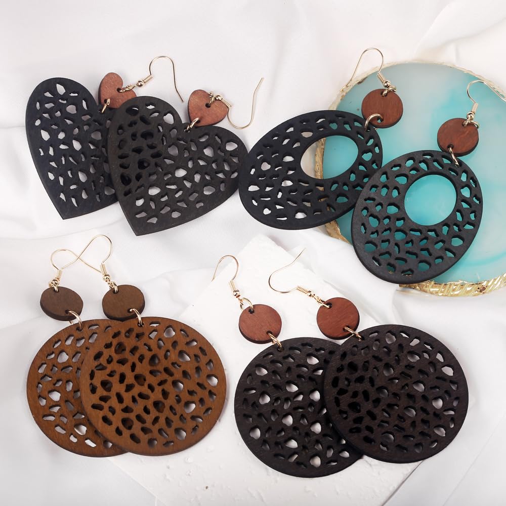 9 Pairs Boho Vintage Wooden Round Geometric Leather Earrings Retro Hollow Out Circle Earrings Big Lightweight Statement Jewelry Suitable for Women Hefanny