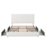 Allewie King Size Storage Bed Frame, Vertical Channel Tufted Adjustable Headboard, Velvet Upholstered Platform Bed with 4 Oversized Underbed Drawers, Wooden Slats Support, No Box Spring Needed, White Allewie