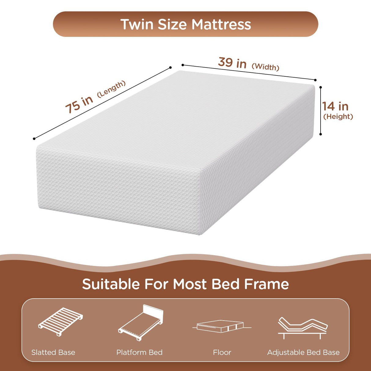 PayLessHere 14 Inch Twin Mattress Base Foam Mattress,Removable Soft Cover,Bunk Bed, Trundle, Daybed,White，Fiberglass Free PayLessHere