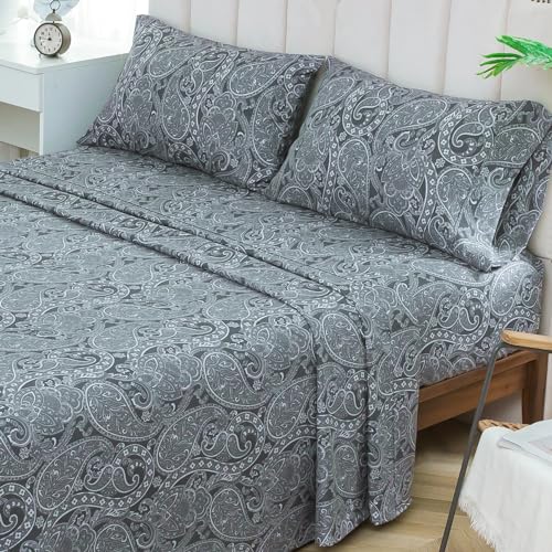 KACEMOO Bed Sheets Queen Size, 4 Piece Gray Paisley Sheets, 17" Deep Pocket Floral Pattern Sheets Queen, Soft Luxury Brushed Microfiber Sheets, Easy Care Breathable Bedding Set KACEMOO