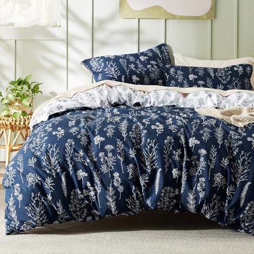 Bedsure Twin/Twin XL Duvet Cover - Reversible Navy Blue Duvet Cover Set with Zipper Closure, 2 Pieces Cute Floral Patterned Bedding Set with 8 Corner Ties and 1 Pillow Sham Bedsure
