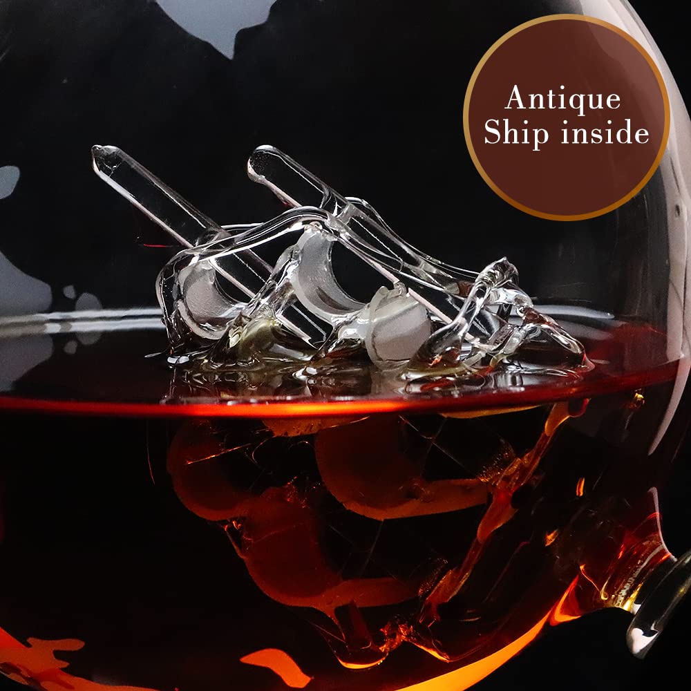 BLOCE Whiskey Decanter Sets for Men with Glasses, Etched World Globe Whiskey Gifts for Dad with 2 Glasses, 4 Ice Cubes Set, Dad Birthday Gift for All Kinds of Alcohol Drinks and Vodka BLOCE