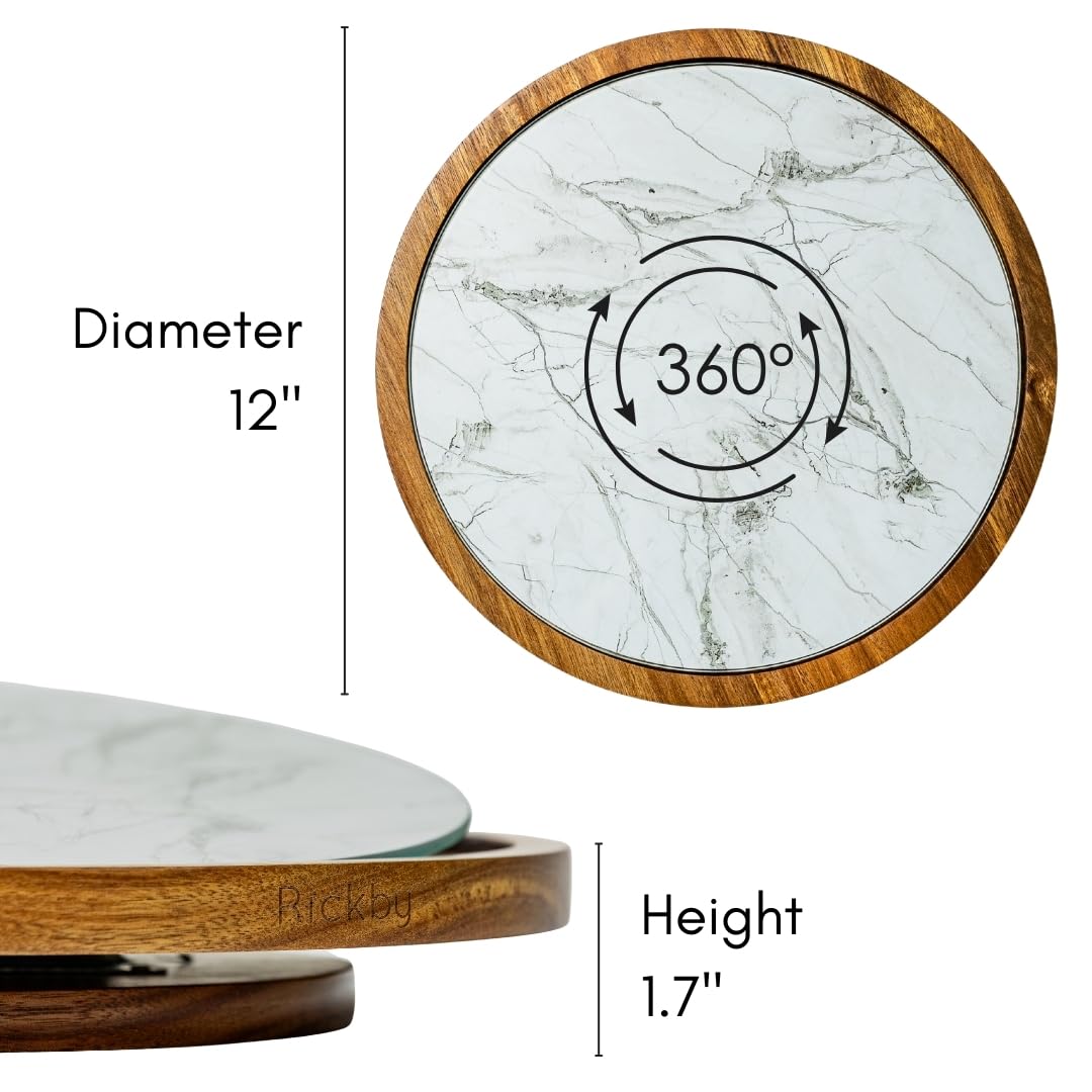 12-Inch Premium Acacia Wood Lazy Susan Turntable for Table Top with Removable Marble Texture Glass Plate, Wooden Lazy Susan for Dining Table Centerpiece & Kitchen Countertop Rickby
