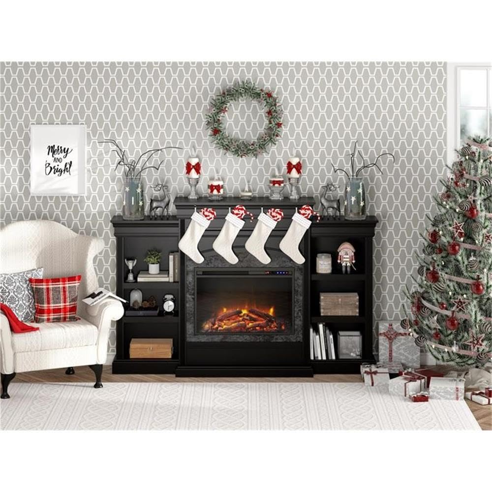 Ameriwood Home Lamont 69 Inch Electric Fireplace with Mantel, Shelves, Replaceable Fireplace Insert Heater, Remote Control, Timer, Realistic Log and Flame Effect, For Living Room or Bedroom, Black