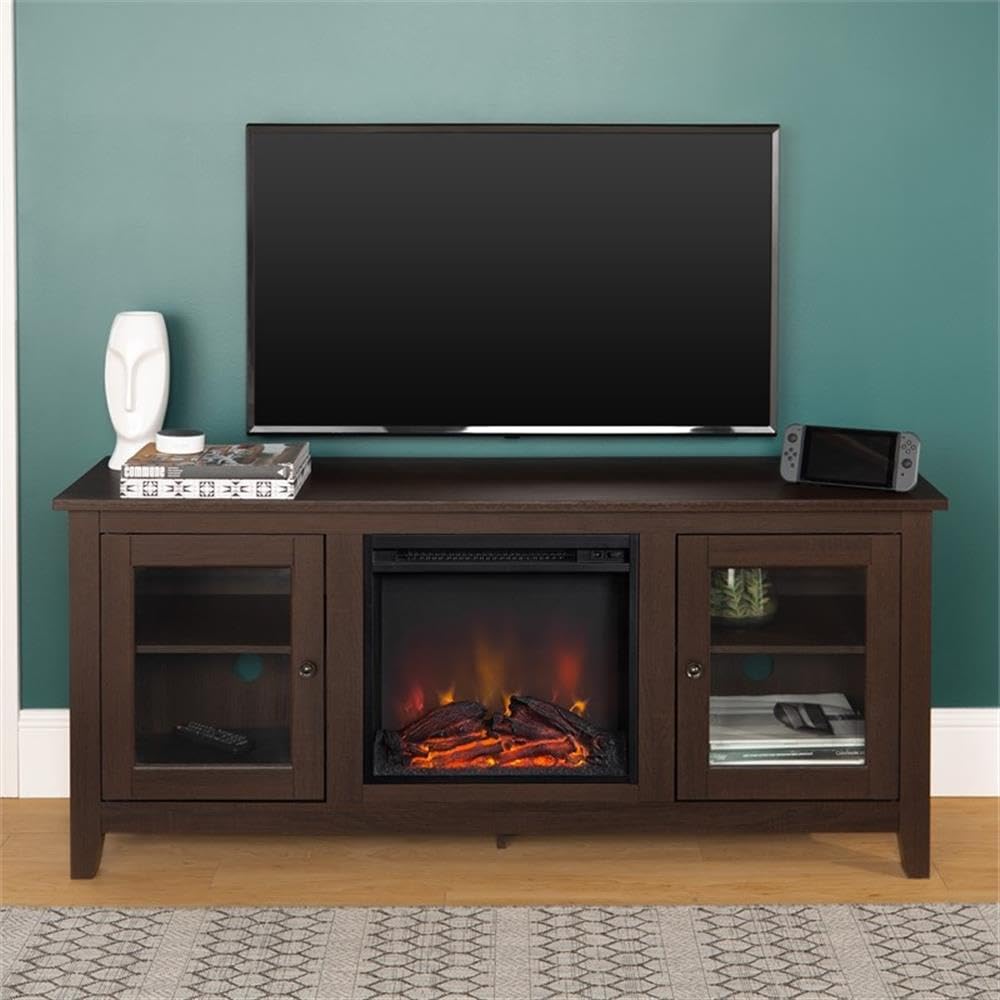 Walker Edison Rustic Wood and Glass Fireplace TV Stand for TV's up to 64" Flat Screen Living Room Storage Cabinet Doors and Shelves Entertainment Center, 58 Inch, Espresso Brown